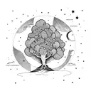 Tent with tree, mountain, stars, moon, planet and shooting star tattoo design idea