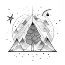 Tent with tree, mountain, stars, moon, planet and shooting star tattoo design idea