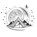 Tent with tree, mountain, stars, moon, planet and shooting star tattoo design idea