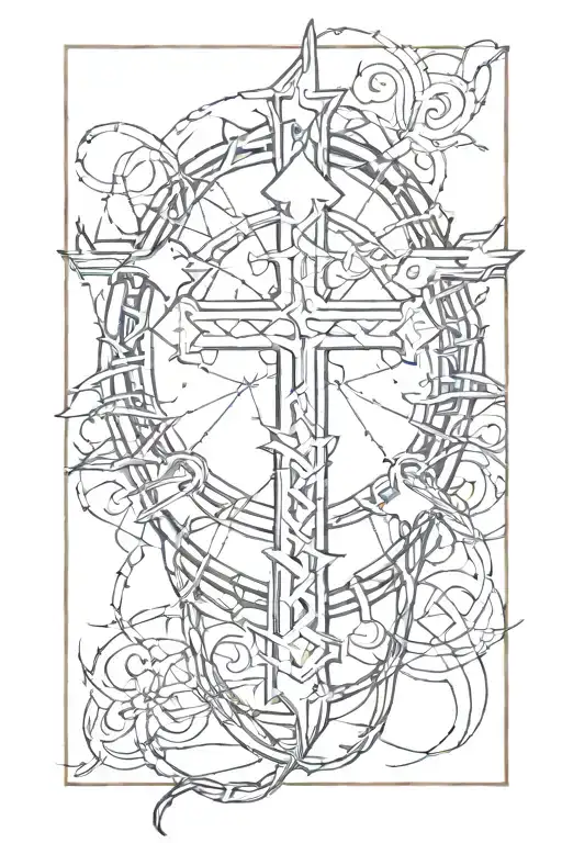 western barbed wire with cross and zia sun symbol intertwined tattoo design idea