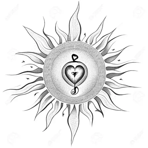  sun rays rising over a landscape. The Focus is on a heart emblem with a music note. flowers blooming tattoo design idea