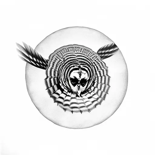 A barred owl flying through birch tree over ferns and mushrooms tattoo design idea