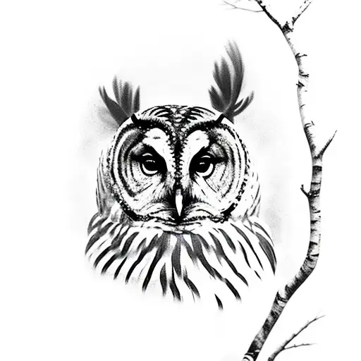 A majestic barred owl perched on a branch of a birch tree in a mystical forest tattoo design idea