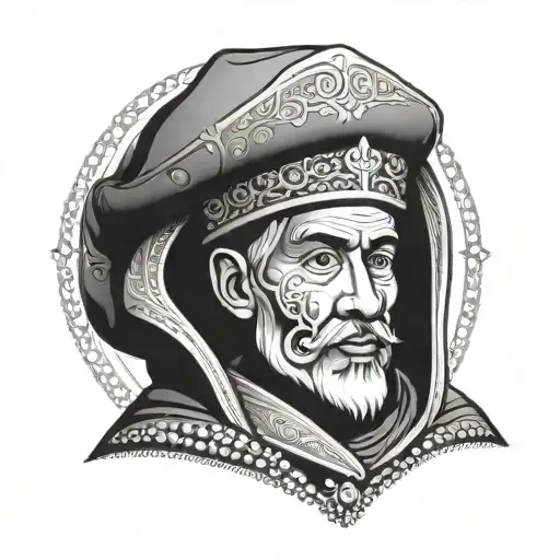 A stylized illustration of Patron Saint Domingo de Guzman holding a book and a rosary, with intricate patterns in dotwork style tattoo design idea