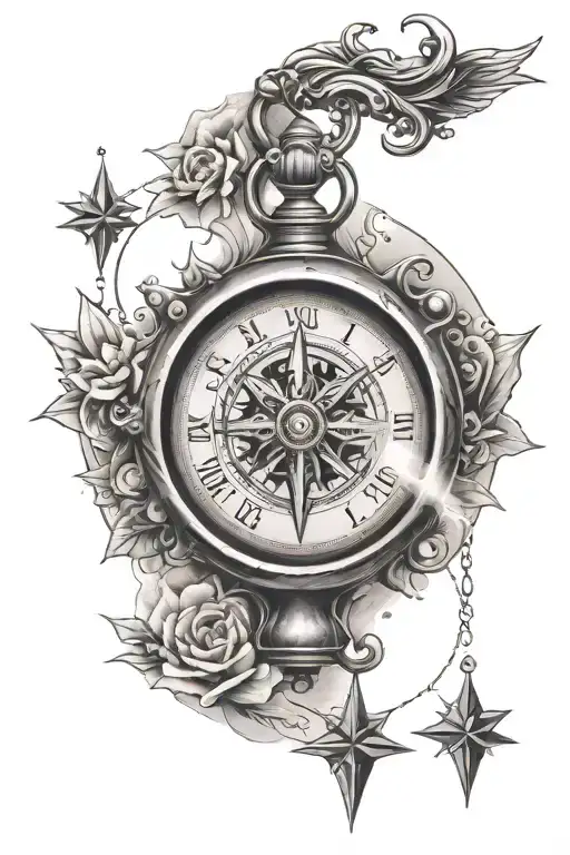 sand clock and compass design tattoo design idea