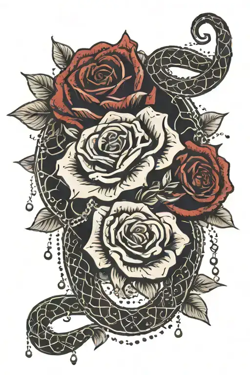 mandala design, red thorned roses and viper snake with string of beads and pearls hanging down tattoo design idea