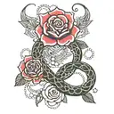 Create a tattoo with the following: mandala design, red thorned roses and viper snake with strung beads and pearls hangi tattoo design idea