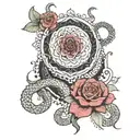 Create a tattoo with the following: mandala design, red thorned roses and viper snake with strung beads and pearls hangi tattoo design idea