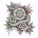 Create a tattoo with the following: mandala design, red thorned roses and viper snake with strung beads and pearls hangi tattoo design idea