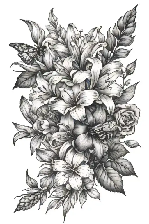 rose gladiolus daisy bouquet bee flying towards tattoo design idea