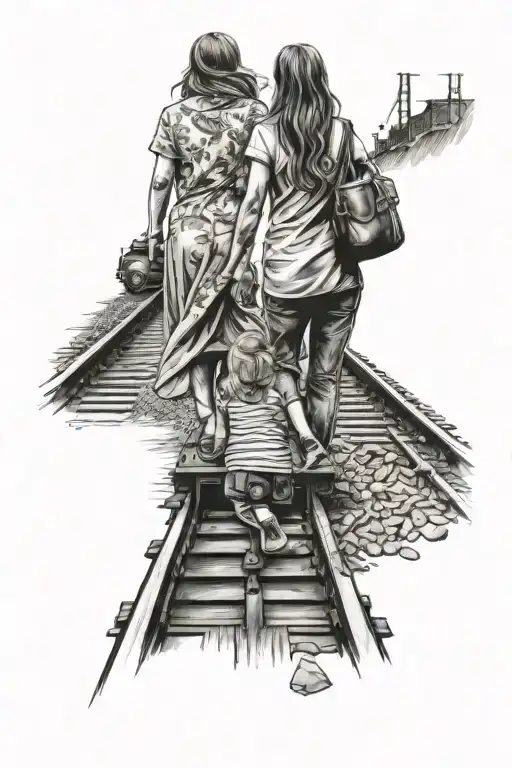 mom and daughter walking down a train track  tattoo design idea