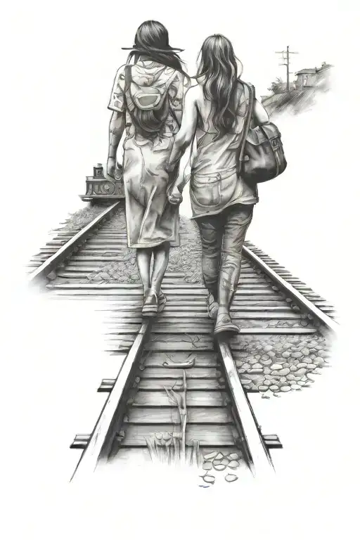 mom and  young daughter walking down a train track  tattoo design idea