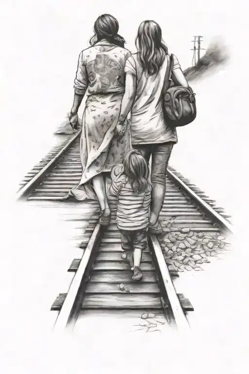 mom and  very young daughter walking down a train track  tattoo design idea