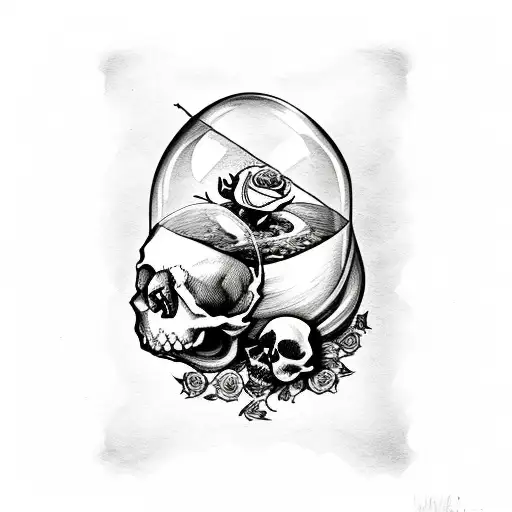 Skull inside Hourglass and wilted rose petals falling tattoo design idea