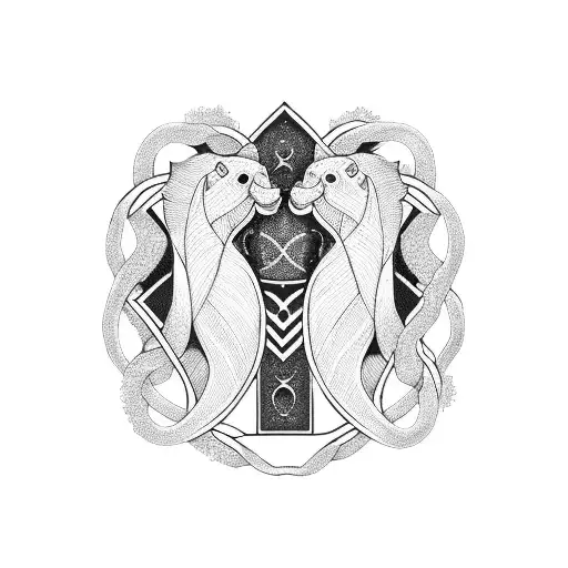 A blackwork tattoo of intertwined Gemini and Pisces symbols representing your love for each other tattoo design idea