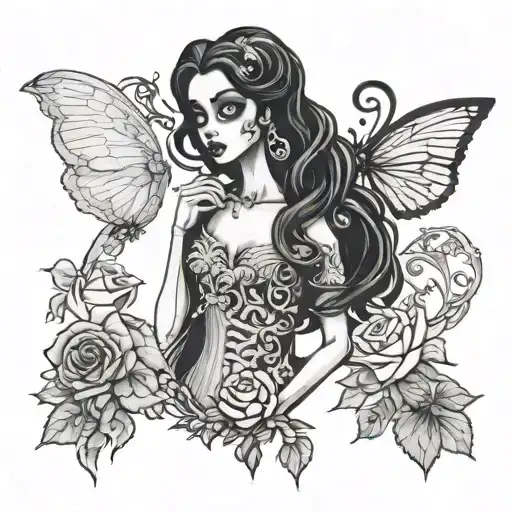 Generate a black-and-white tattoo on a white background, inspired by the film Corpse Bride. The tattoo should depict a b tattoo design idea