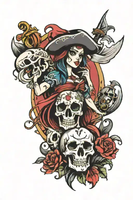 mermaid and pirate skull tattoo design idea