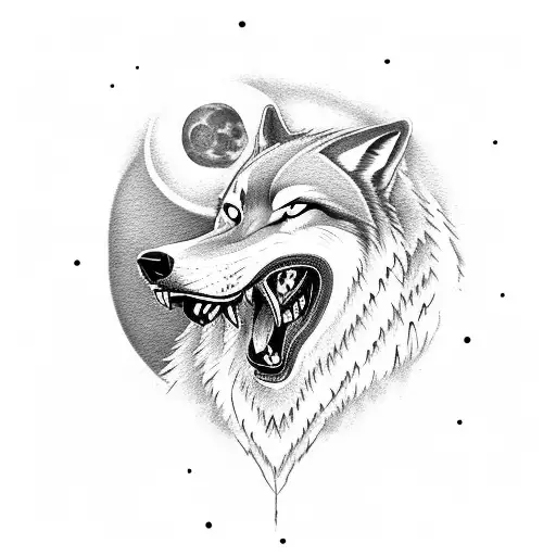 A wolf howling at a full moon, with intricate sword designs integrated into its fur tattoo design idea