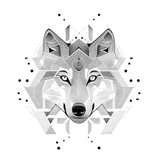 An abstract geometric design incorporating the silhouette of a wolf, surrounded by intricate sword patterns tattoo design idea