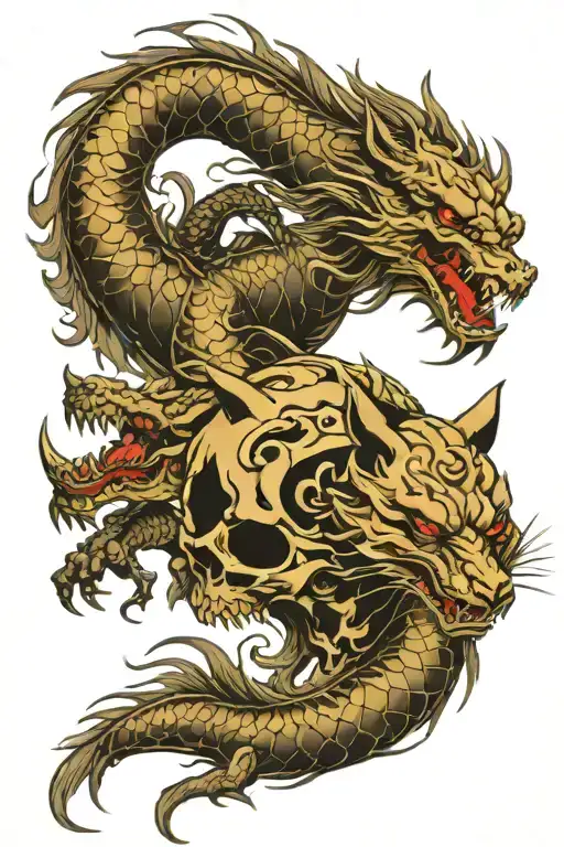 skulls wolves and dragons tattoo design idea