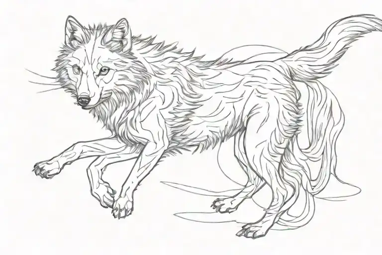 wolf body outline, running, minimalist, fineline, storm, gentleness, feminin tattoo design idea
