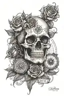 skull with rose and compass surrounded tattoo design idea