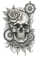 skull with rose and compass surrounded tattoo design idea