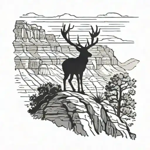 A majestic deer silhouette standing on the edge of the Grand Canyon, with a family of 3 hiking in the background tattoo design idea