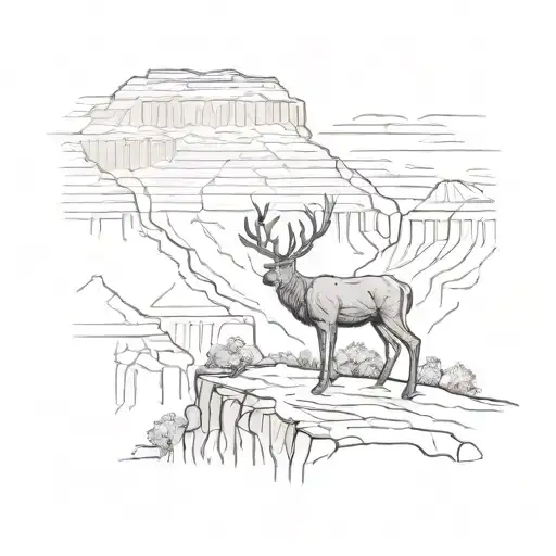 A majestic deer silhouette standing on the edge of the Grand Canyon, with a family of 3 hiking in the background tattoo design idea