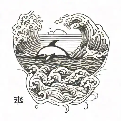Create a black minimalistic fine line tattoo that is just one simple fine line of waves across horizontally with a seal, tattoo design idea