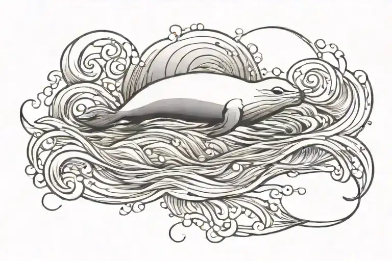 Create a black minimalistic fine line tattoo that is just one simple fine line of waves across horizontally with a seal, tattoo design idea