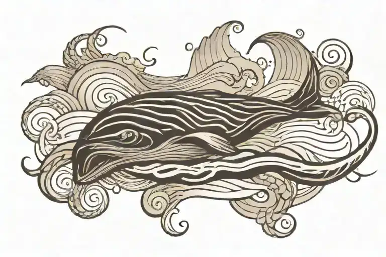Create a black minimalistic fine line tattoo that is just one simple fine line of waves across horizontally with a seal, tattoo design idea