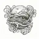 Create a black minimalistic fine line tattoo that is just one simple fine line of waves across horizontally with a seal, tattoo design idea
