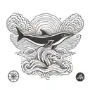 Create a black minimalistic fine line tattoo that is just one simple fine line of waves across horizontally with a seal, tattoo design idea