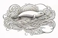 Create a black minimalistic fine line tattoo that is just one simple fine line of waves across horizontally with a seal, tattoo design idea