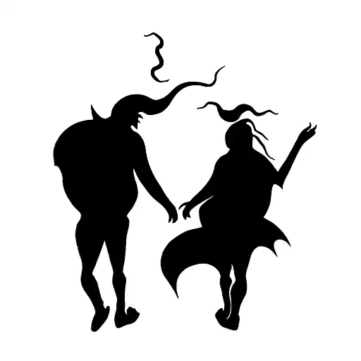 Siluet of two Friends walking with a siluet of a dragon flying above them tattoo design idea