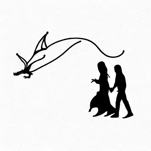 Lines of two Friends walking with a siluet of a dragon flying above them tattoo design idea