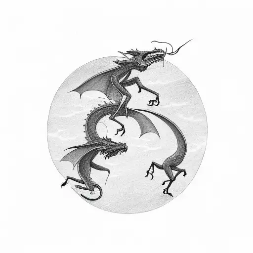 Lines of two Friends walking with a siluet of a dragon flying above them tattoo design idea