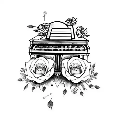 piano with a rose, with a photo camera and a galaxy tattoo design idea