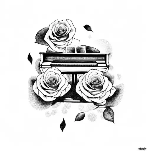 piano with a rose, with a photo camera and a galaxy tattoo design idea