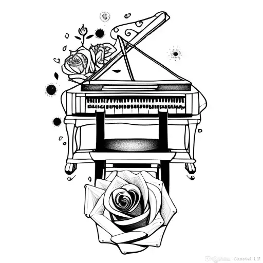 piano with a rose, with a photo camera and a galaxy tattoo design idea