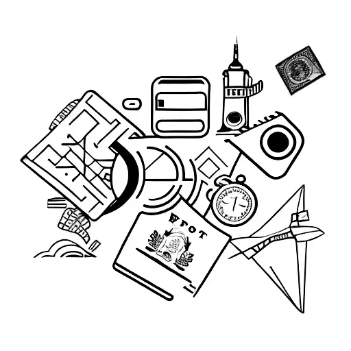 A suitcase filled with passport stamps and travel souvenirs tattoo design idea