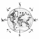 compass with world map and aeroplane tattoo design idea