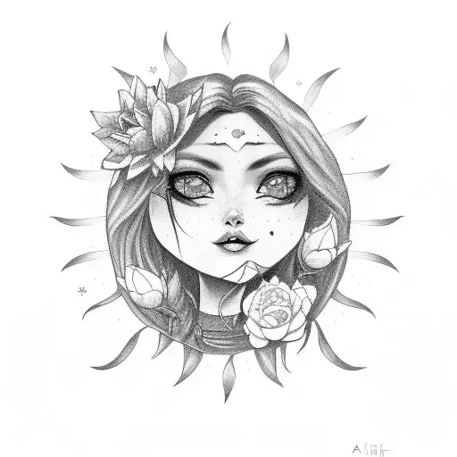 cute witch with power of feminine with flowers moon and sun tattoo design idea