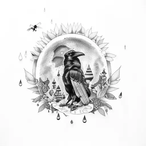 raven with bee, lily, loganberry rowanberries, raindrop and bear pawprint tattoo design idea
