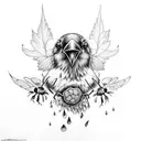 raven with bee, lily, loganberry rowanberries, raindrop and bear pawprint tattoo design idea