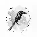 raven with bee, lily, loganberry rowanberries, raindrop and bear pawprint tattoo design idea
