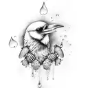 raven with bee, lily, loganberry rowanberries, raindrop and bear pawprint tattoo design idea