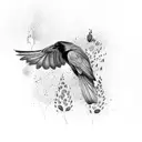 raven with bee, lily, loganberry rowanberries, raindrop and bear pawprint tattoo design idea