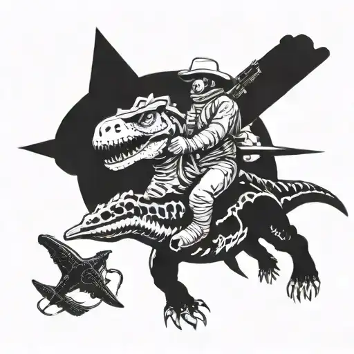 an astronaut with a cowboy hat and a revolver riding a dinosaur  tattoo design idea
